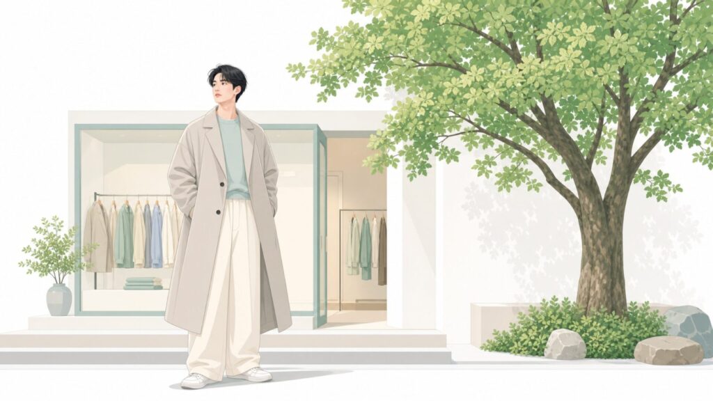 Camphor Woodブランドのスタイリッシュな男性とクスノキが描かれたフラットイラスト