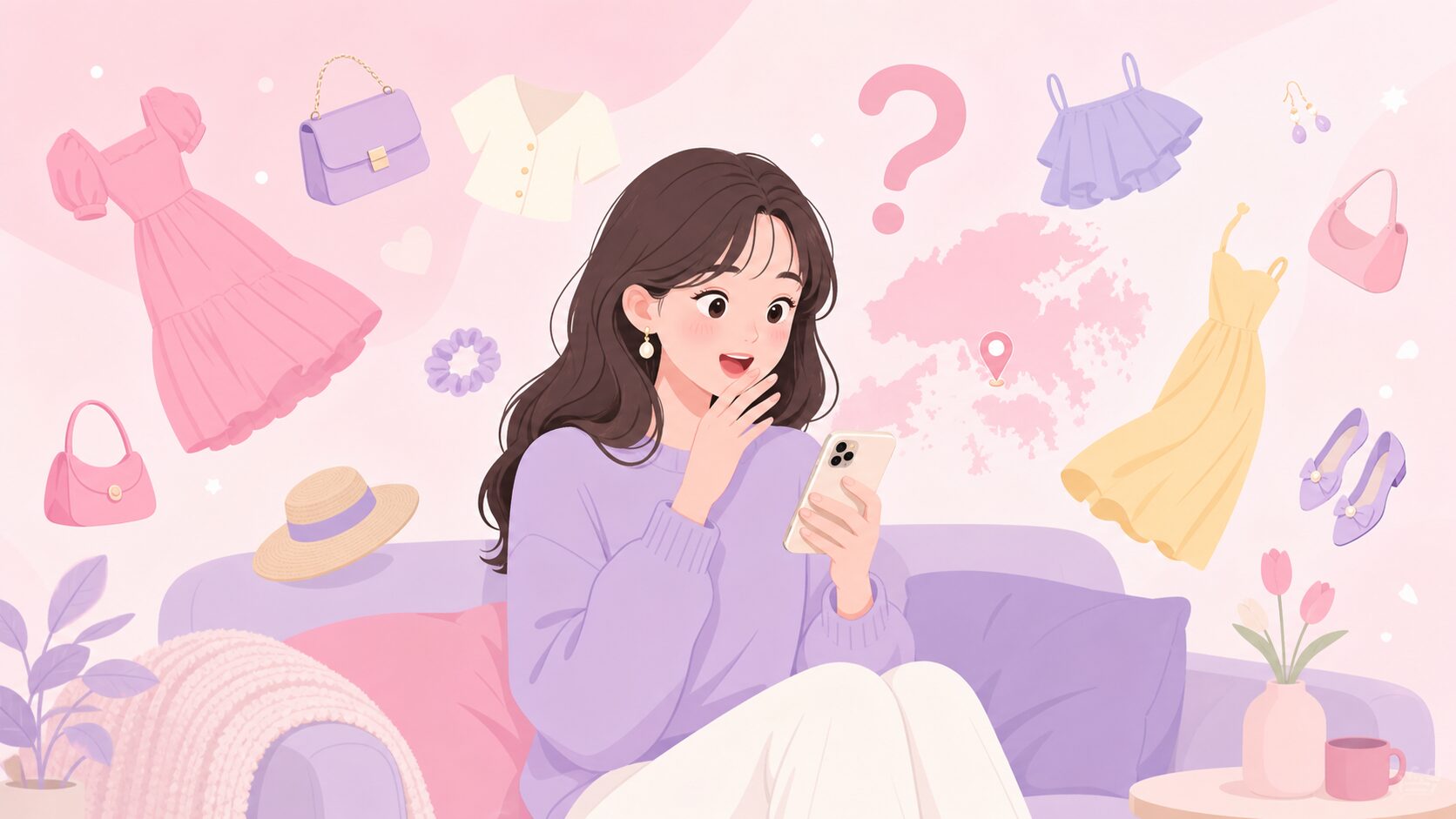 SNSで気になったCiderブランドを調べる女性のイラスト