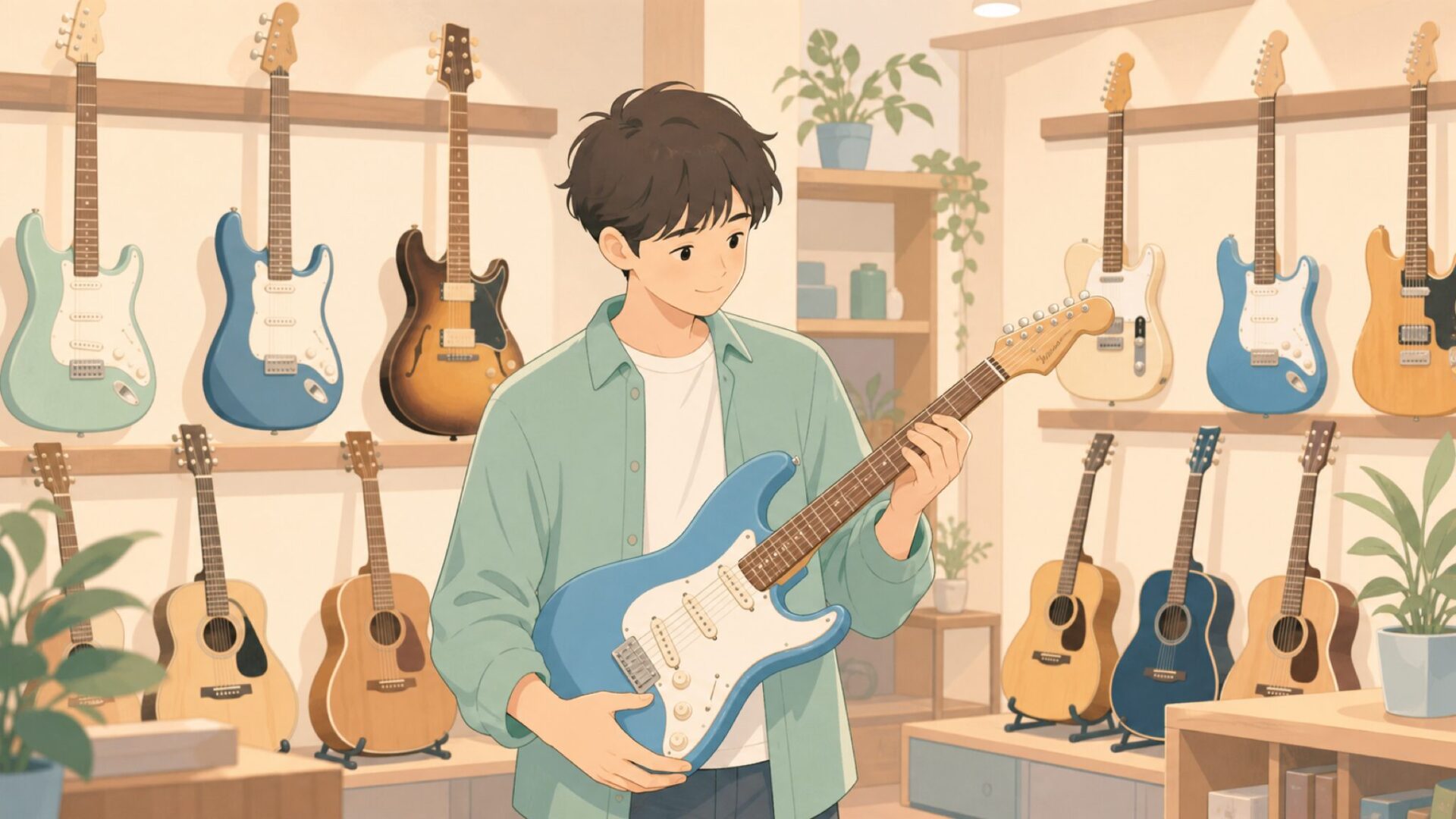 楽器店でCortのギターを手に取り興味深げに見つめる若い男性のイラスト