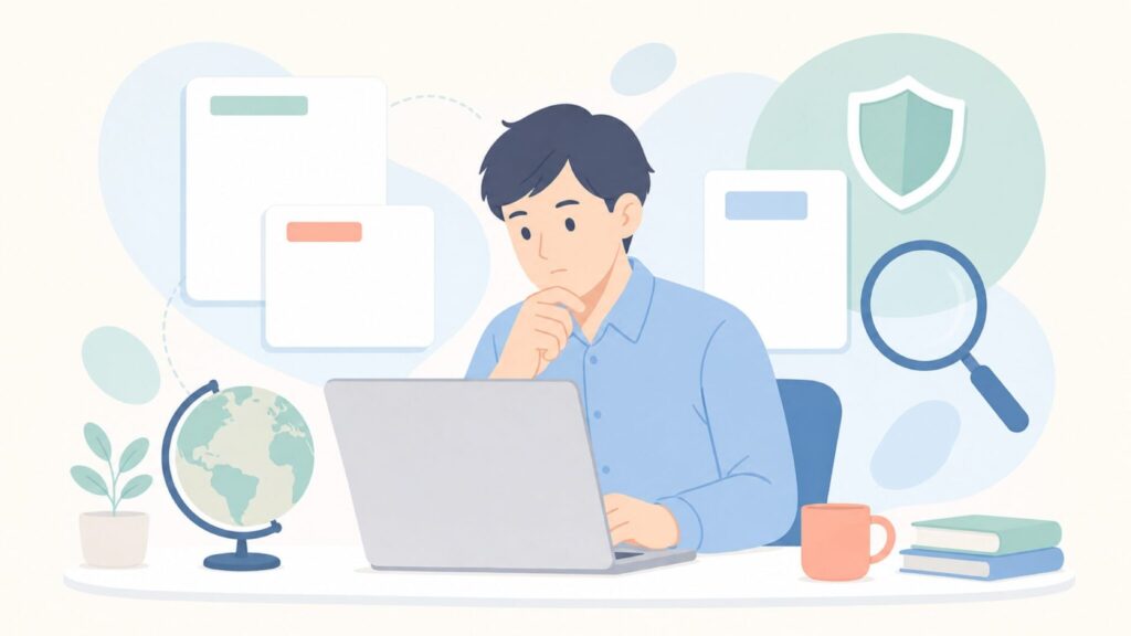 Heycoの運営元と評判を確認する人物のイラスト