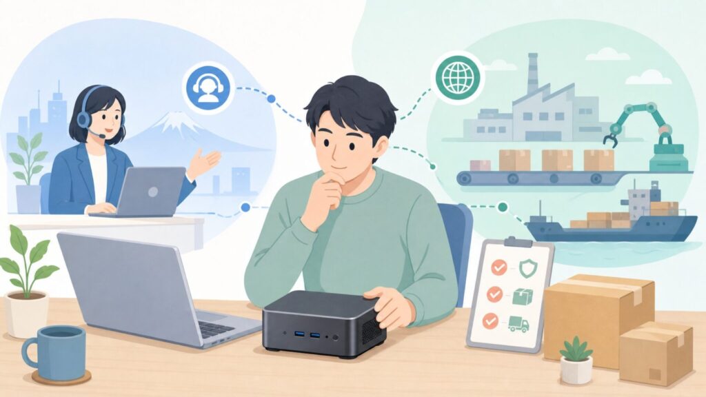 Skynewの国籍と購入前確認を表すイラスト