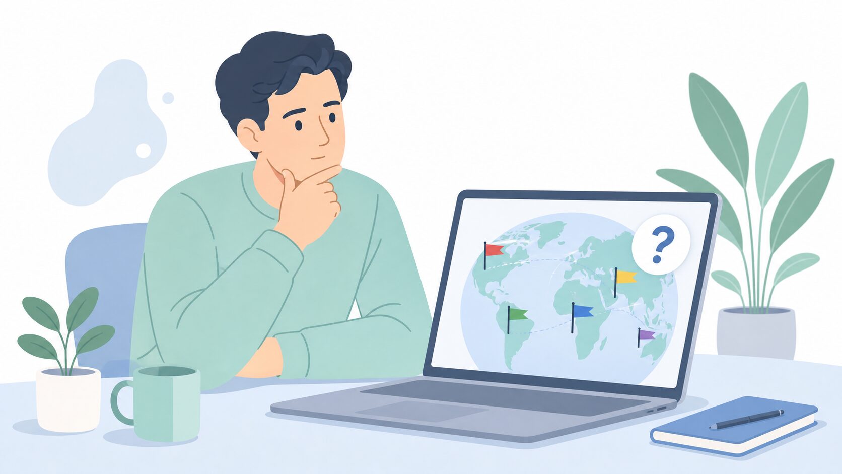 SoundTownがどの国のメーカーか調べる男性のフラットイラスト