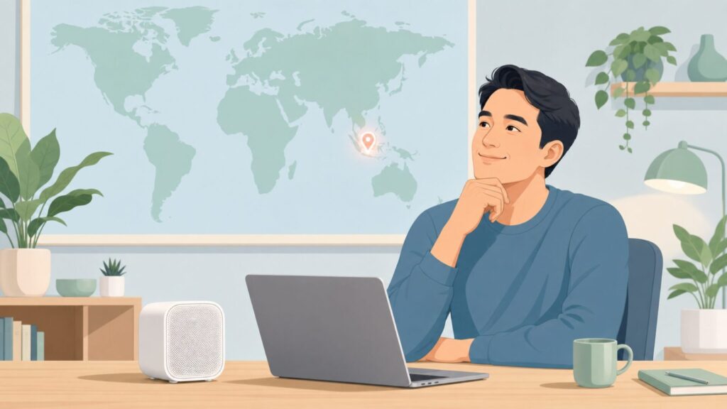 シンガポールを示す世界地図とCreativeスピーカーが置かれたデスクのイラスト