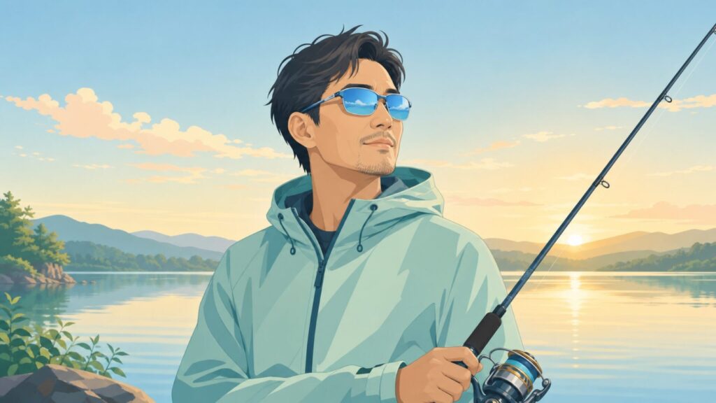 DUCOサングラスを着けた男性が釣りをしているフラットイラスト