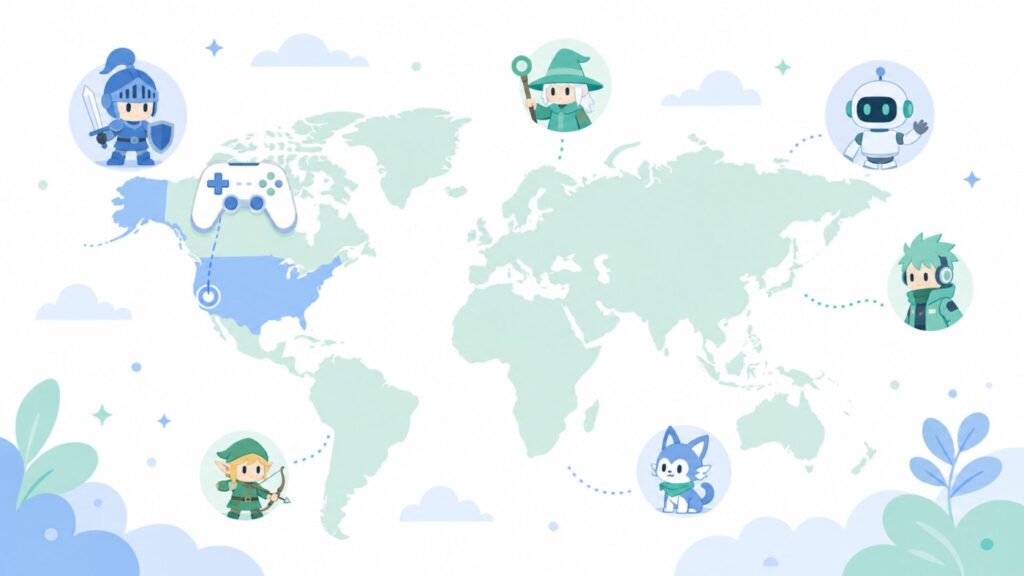 EAはアメリカのゲームパブリッシャーであることを示す世界地図とゲームコントローラーのイラスト