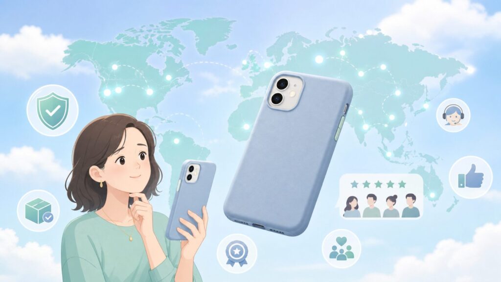 ESRケースのグローバル展開と信頼性を示すフラットイラスト