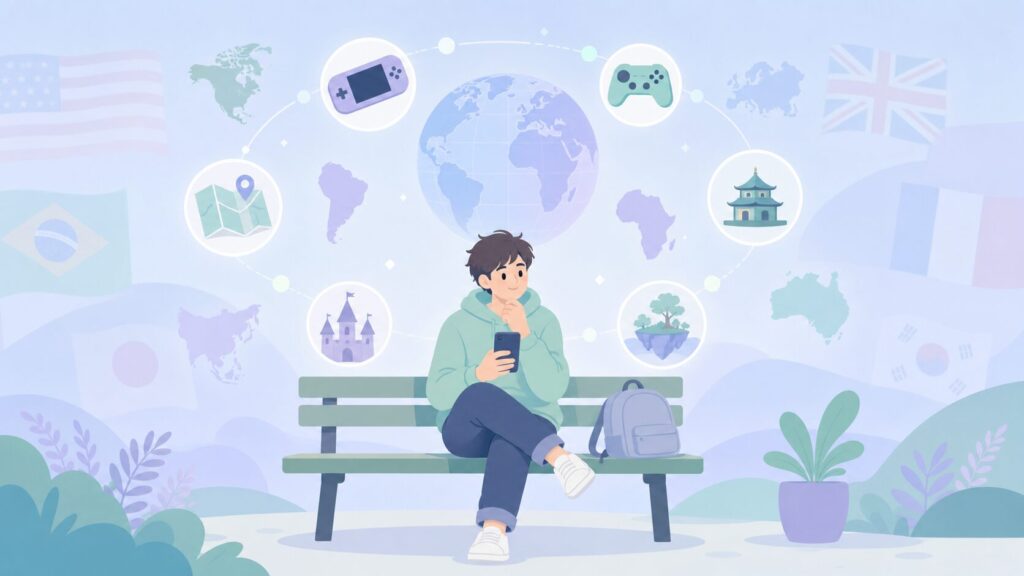 スマートフォンでゲームの開発国を調べる男性と世界地図のイラスト
