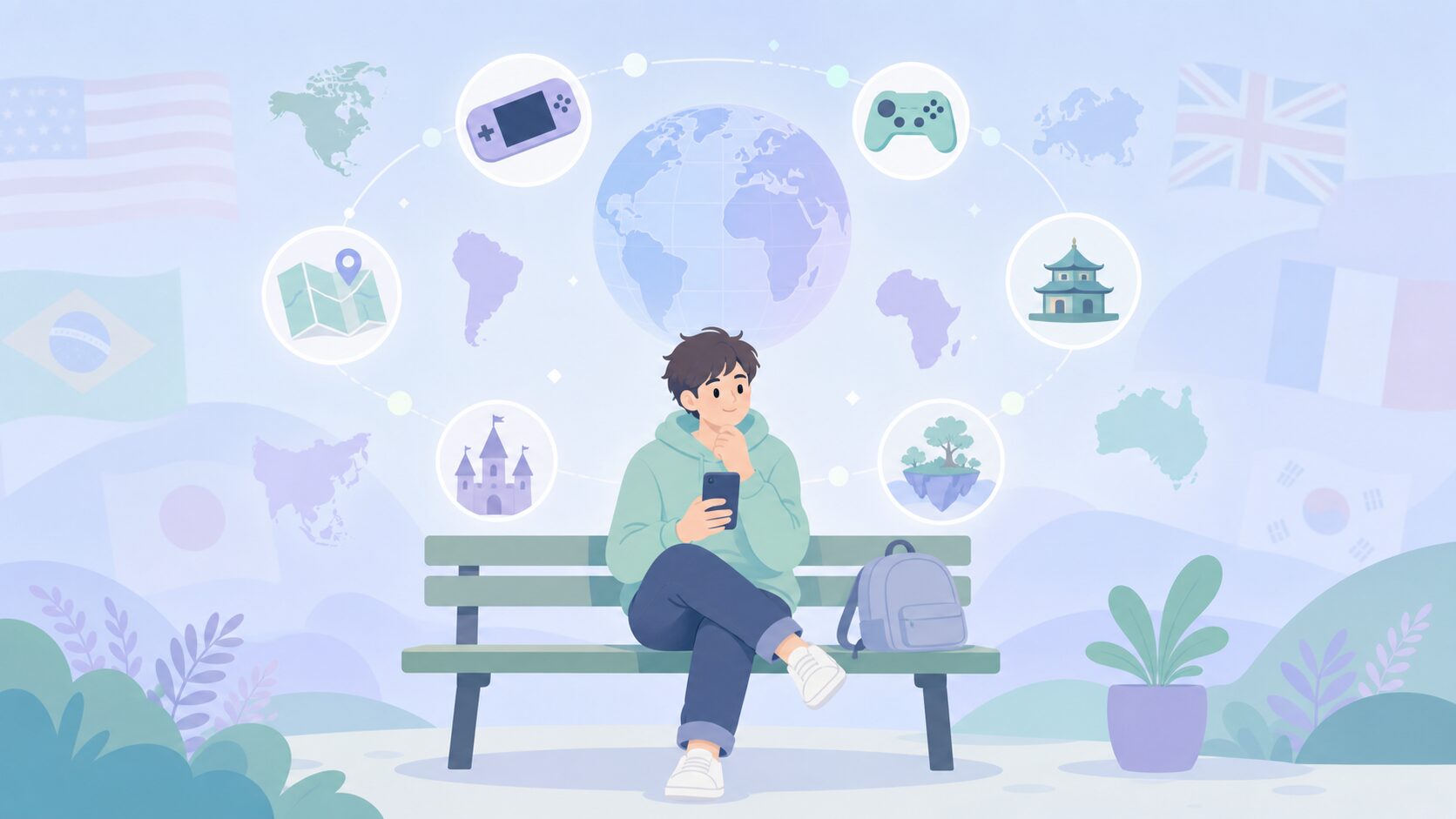スマートフォンでゲームの開発国を調べる男性と世界地図のイラスト