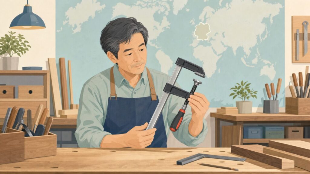 ドイツ発工具ブランドとクランプを確認する作業風景