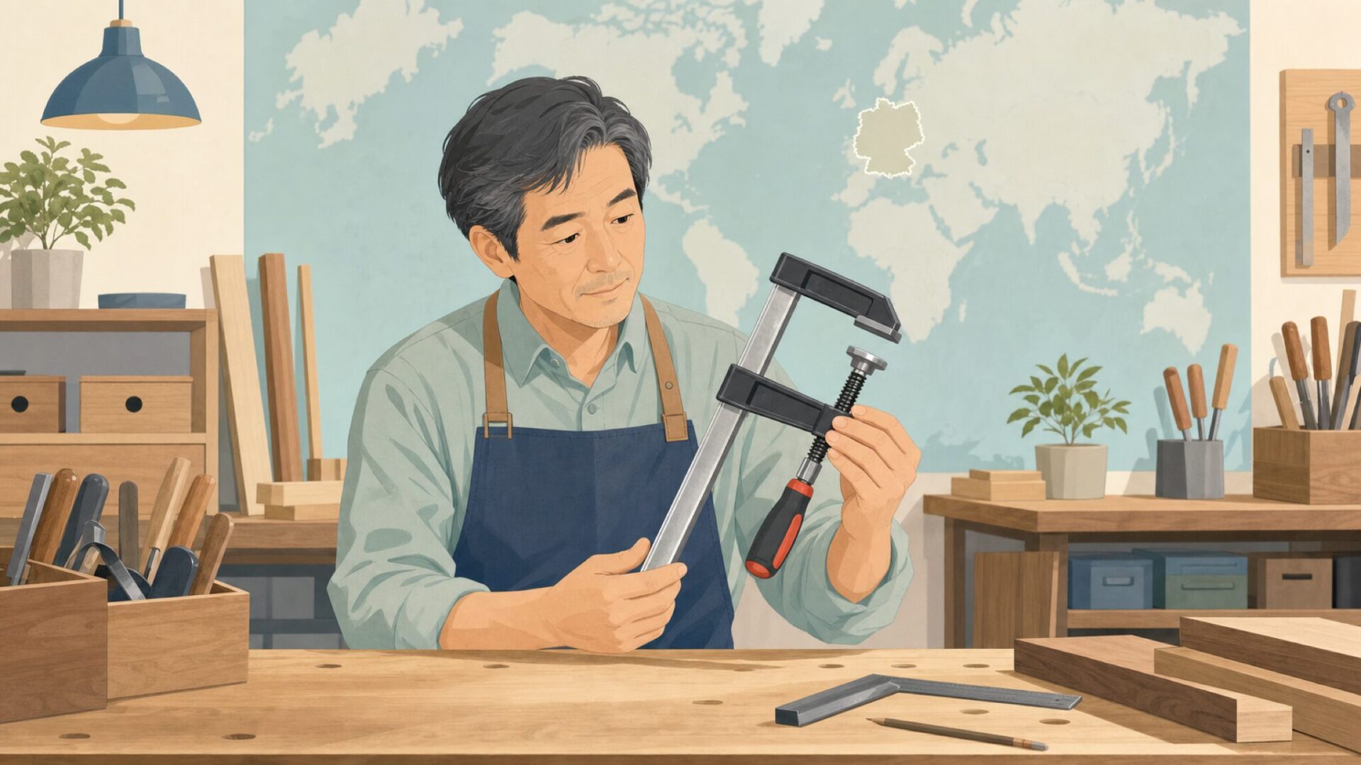 ドイツ発工具ブランドとクランプを確認する作業風景