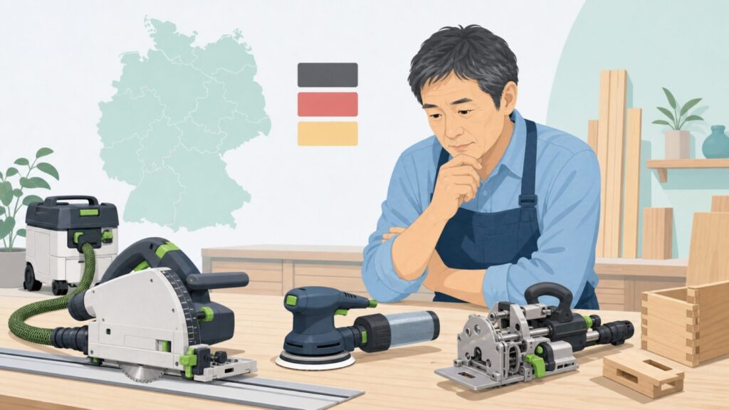 ドイツ発の専門工具を確認する木工職人のイラスト