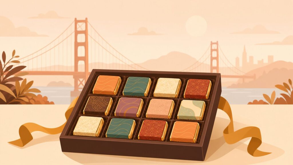 アメリカ老舗チョコレートブランドのギフトボックスとサンフランシスコのシルエット