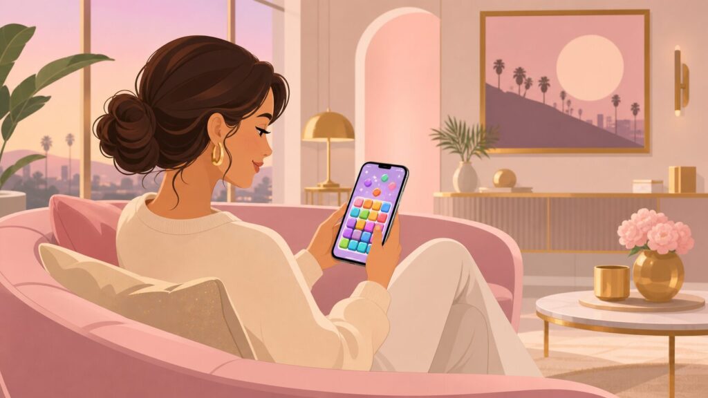 ゴシップハーバーをプレイする女性のフラットイラスト