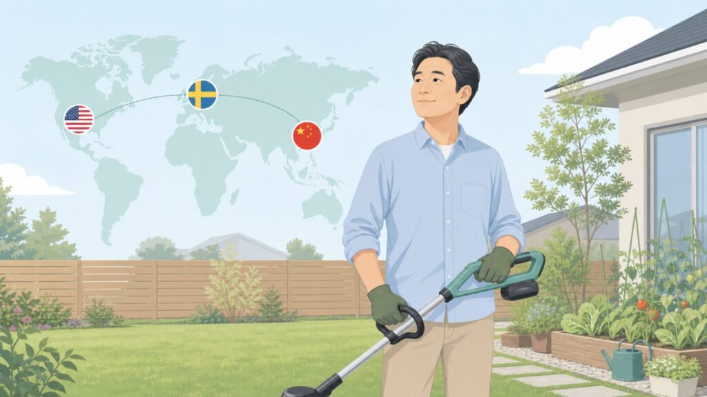 グリーンワークスを使う男性と製造国の世界地図イメージ