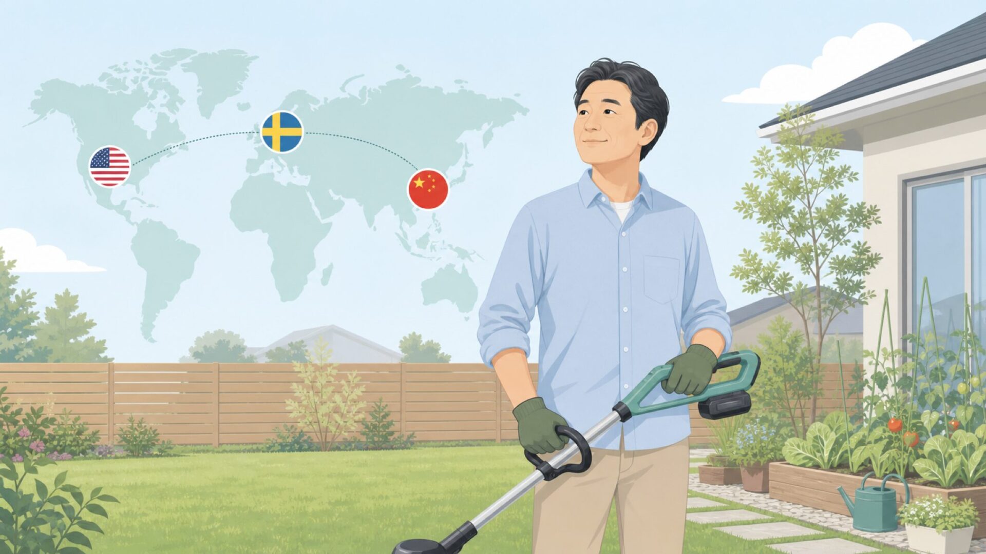 グリーンワークスを使う男性と製造国の世界地図イメージ