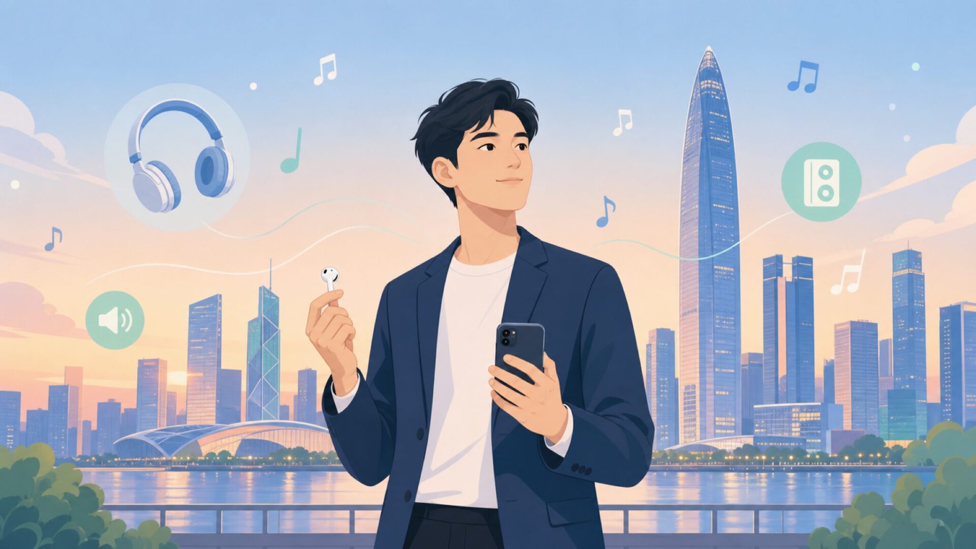 スマホとワイヤレスイヤホンを手にした男性と深圳のスカイラインを描いたアイキャッチ
