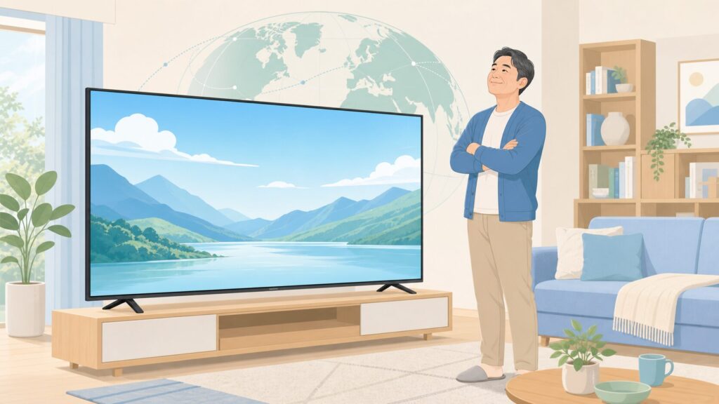 ハイセンスのテレビを前に安心した表情の男性と、世界規模のグローバルブランドを示すイラスト