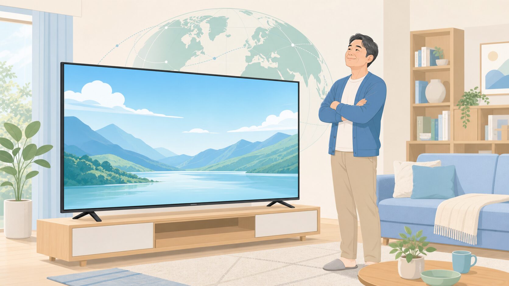 ハイセンスのテレビを前に安心した表情の男性と、世界規模のグローバルブランドを示すイラスト
