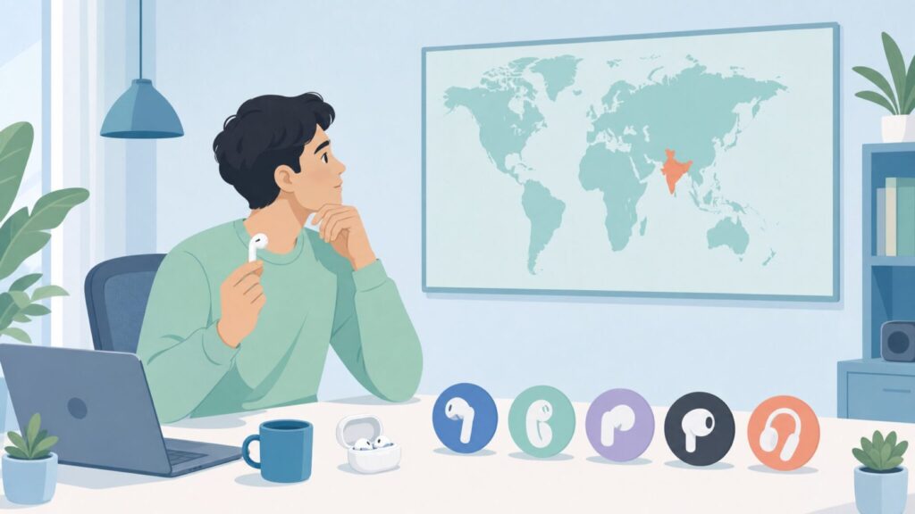 Oakter Audioのインド発ブランドを象徴する、ワールドマップとイヤホンを持つ男性のフラットイラスト