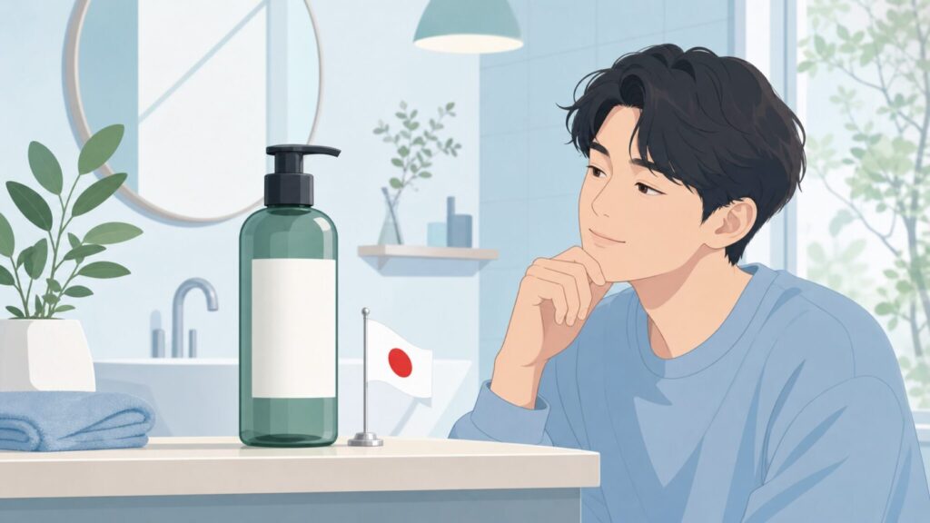 NILEシャンプーが日本ブランドとわかり安心する男性のイラスト