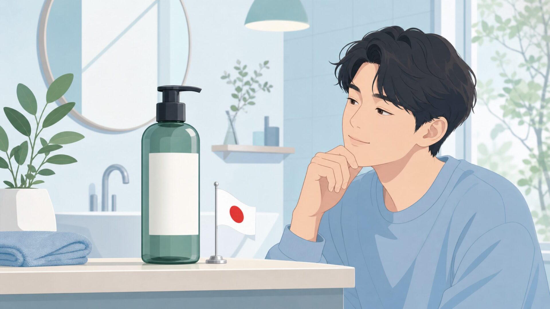 NILEシャンプーが日本ブランドとわかり安心する男性のイラスト