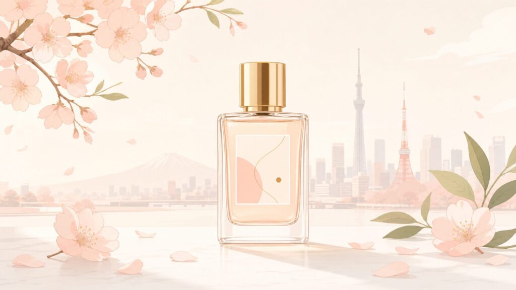 Aíamの香水ボトルと桜の花びらで彩られた日本発フレグランスブランドのイメージ