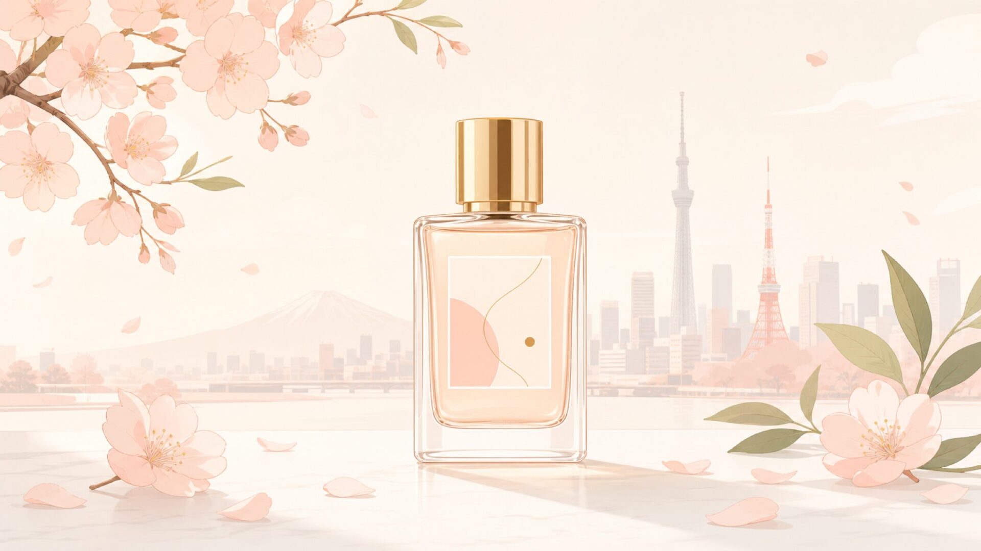 Aíamの香水ボトルと桜の花びらで彩られた日本発フレグランスブランドのイメージ