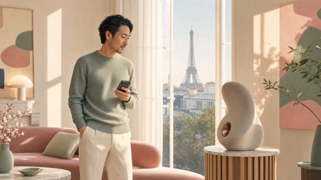 パリの窓越しに個性派デザインスピーカーを眺めるフランス発ブランドのイメージ