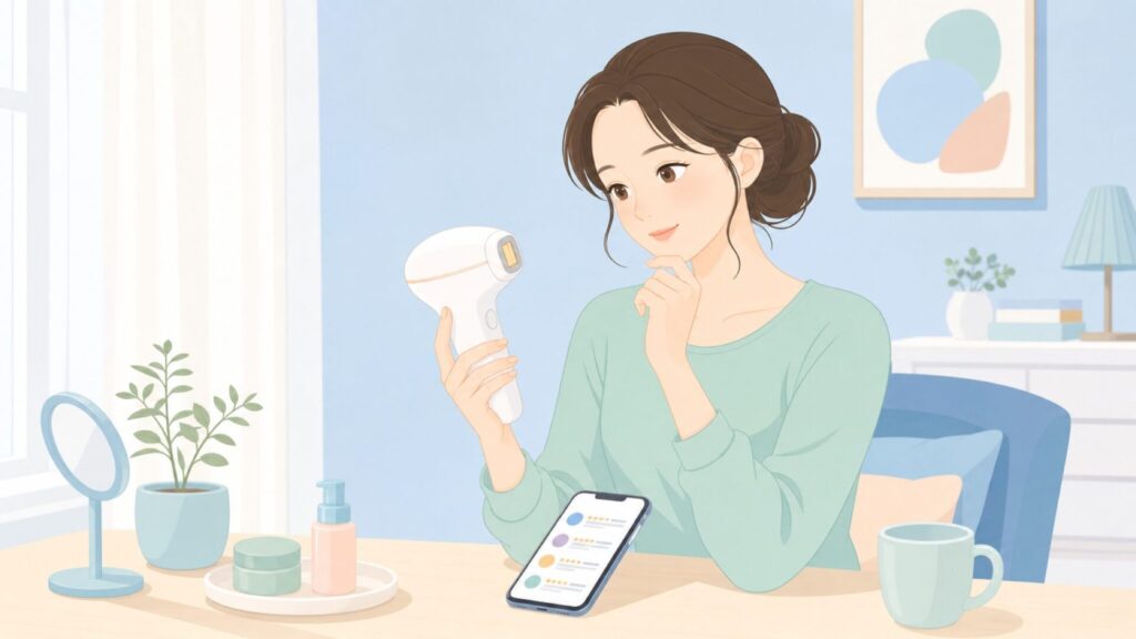 JOVSの脱毛器を手にして安心した表情の女性