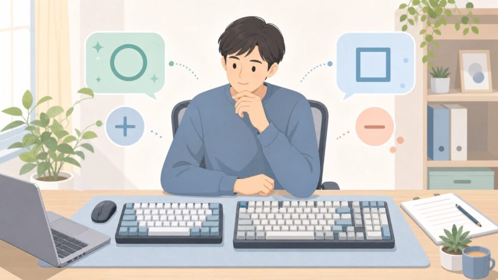 RK Royal Kludgeの評判と選び方を表すデスクイラスト