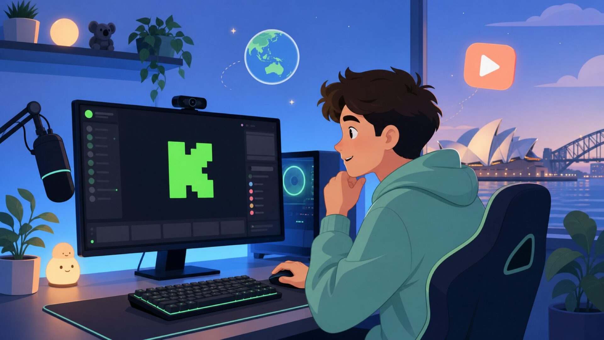 Kickはオーストラリア発の配信サイトを示す若者とPCのフラットイラスト