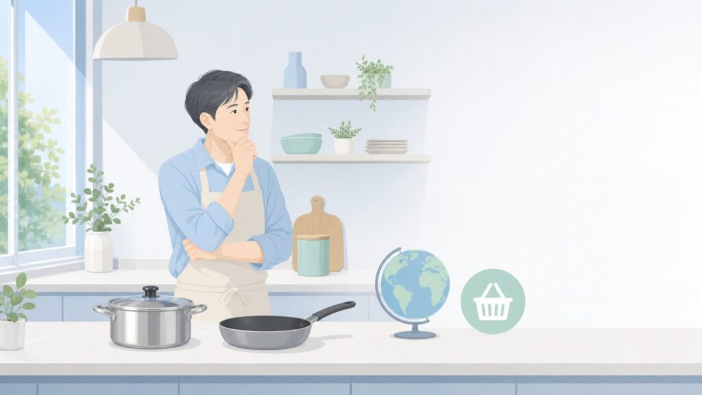 ビタクラフトの原産国と調理器具を確認する様子