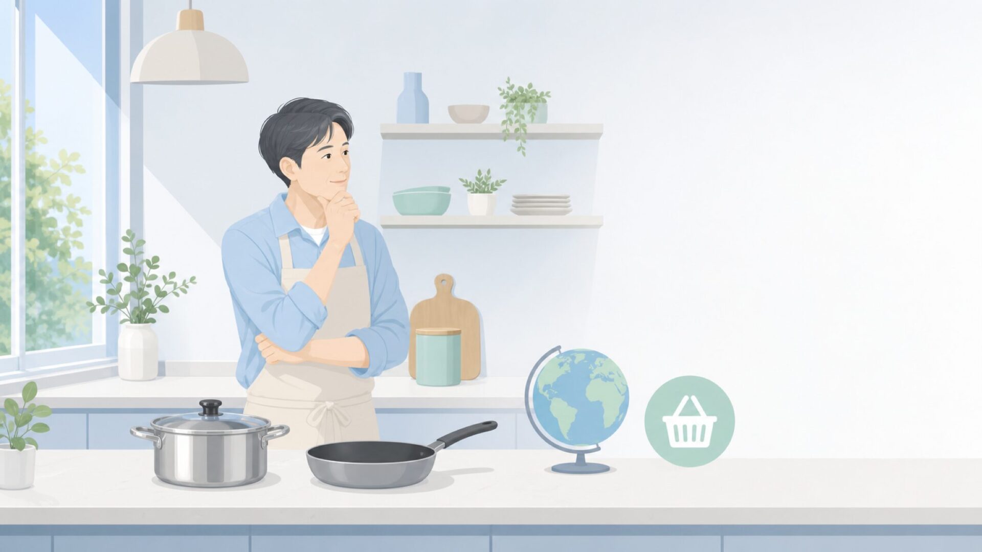 ビタクラフトの原産国と調理器具を確認する様子