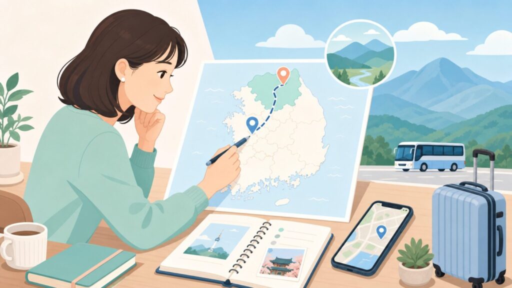 Pocheonとソウルの位置関係を確認する旅行者