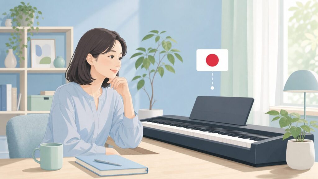 コルグの電子ピアノを前に安心した表情の女性と日本ブランドのシンボルを示すフラットイラスト