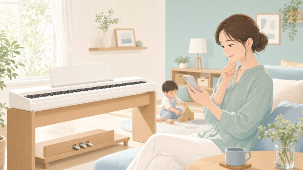 日本のリビングルームで電子ピアノを前にスマートフォンを見て安心する母親のイラスト