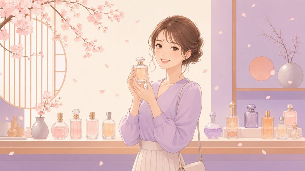 日本生まれのオマージュ香水を手に持って笑顔の20代女性と桜の花びら