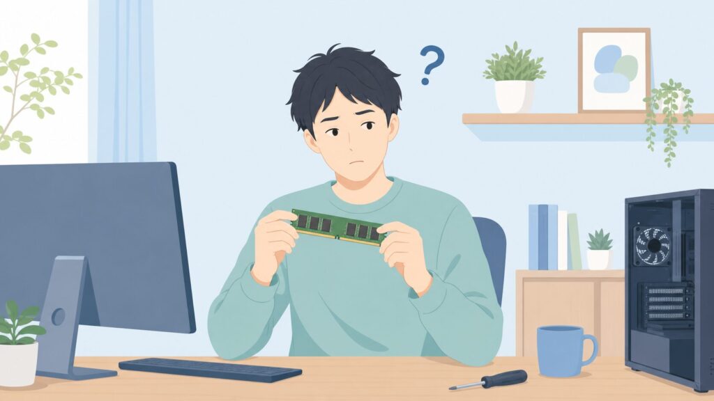 CFD販売のメモリを手に持ち考え込む男性と疑問符のイラスト