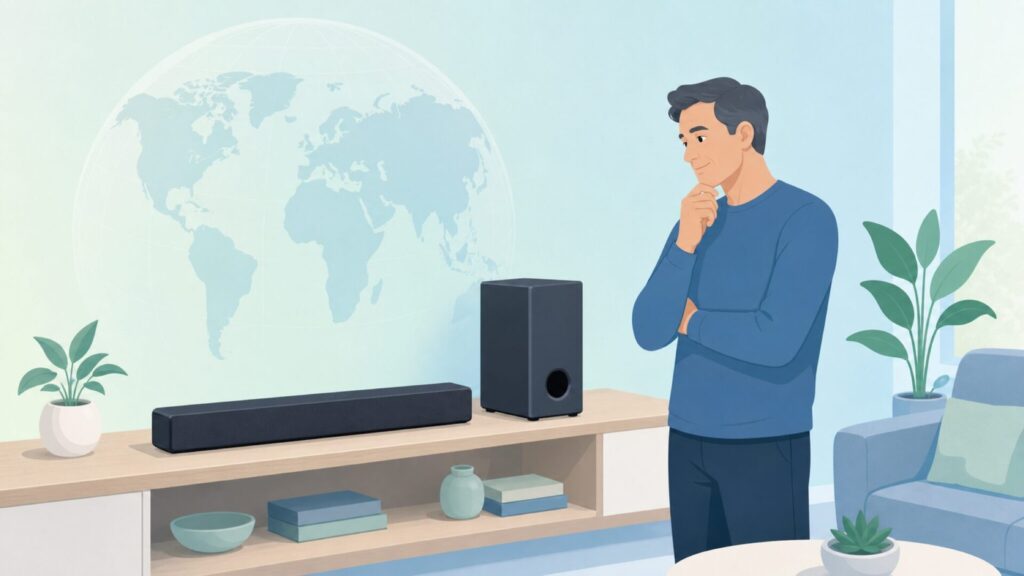 Nakamichi Shockwafe Miniのブランド出身国を調べる男性とサウンドバーのイラスト
