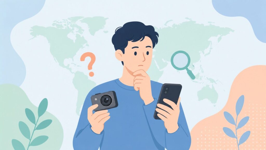 NBDカメラの正体を調べる男性と世界地図のイラスト