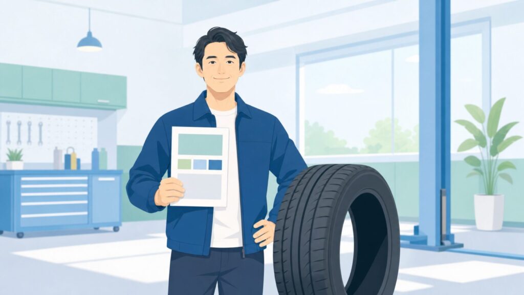 ニットータイヤの信頼性を確認して満足する男性のイラスト