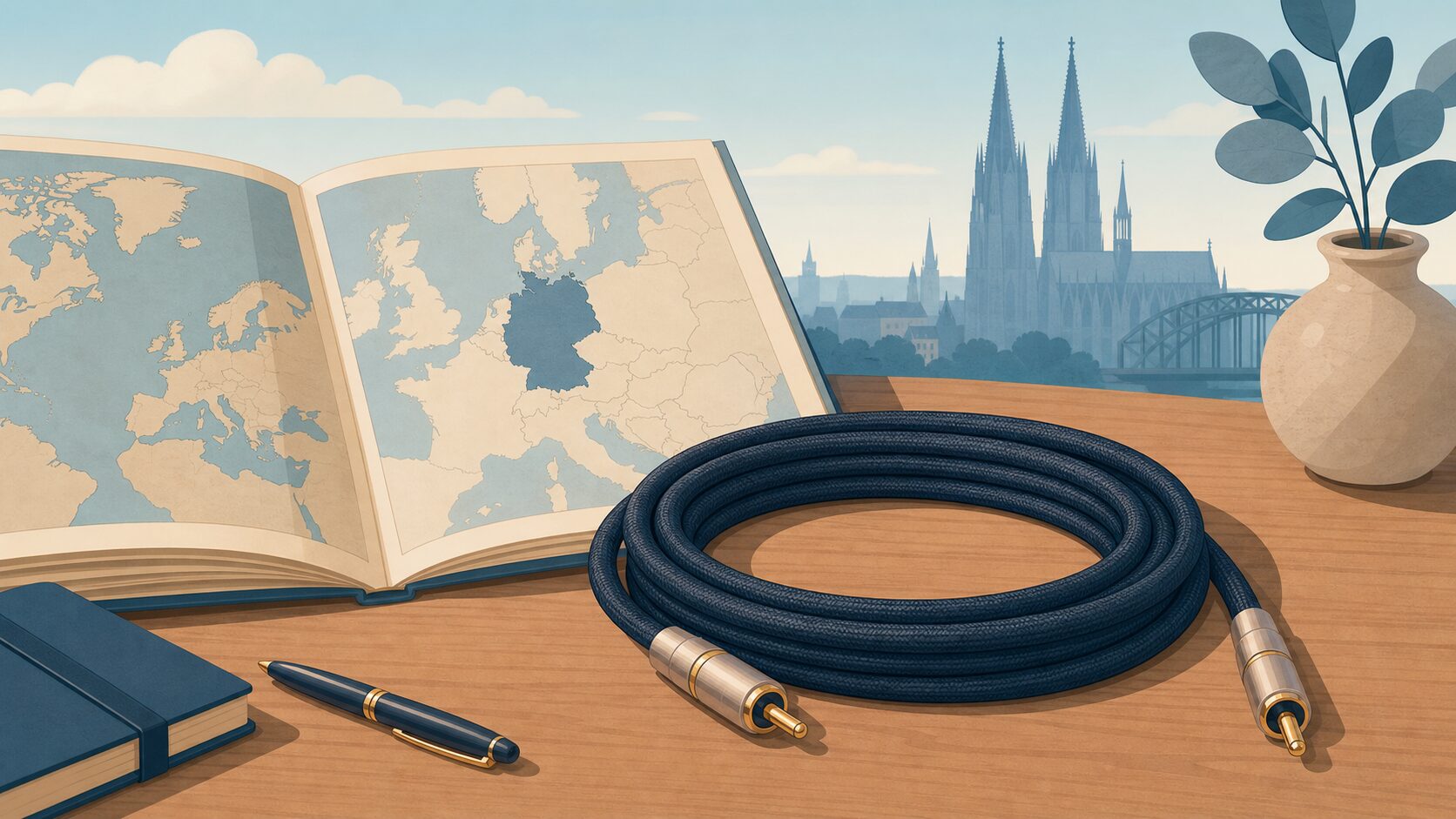 Oehlbach Audioのブランドイメージ——ドイツ・ケルン発の老舗オーディオメーカーを表すイラスト