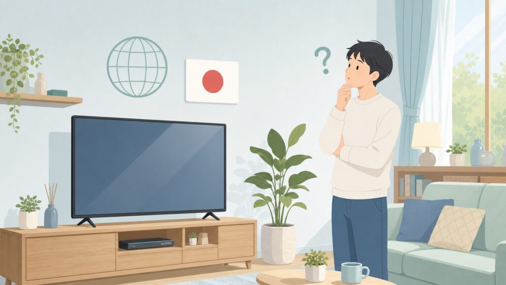 オリオンのテレビはどこの国のブランドか疑問を持つ人物と薄型テレビのイラスト