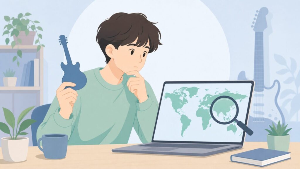 PEOZギターのブランド素性を調査する若者のイラスト