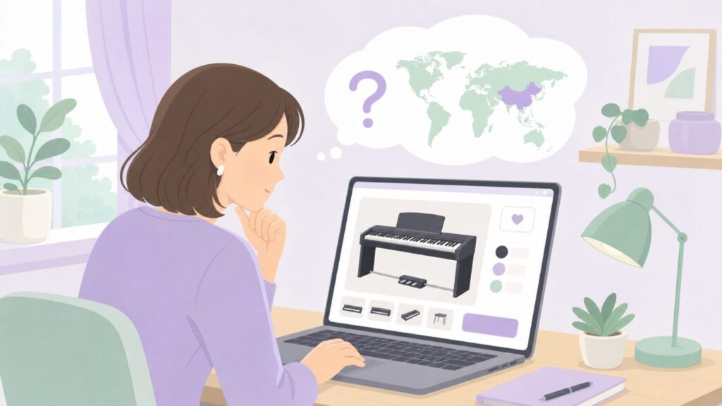 iktmiの電子ピアノを前に購入を検討している女性のイラスト