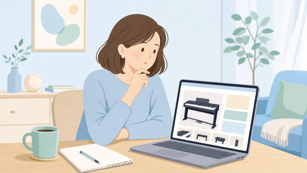 ニコマクの電子ピアノを検索する女性のイラスト