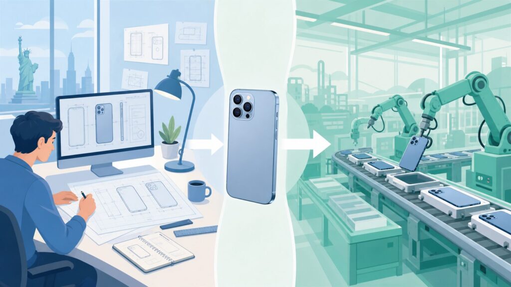 グーグルピクセルのアメリカ設計と製造国を象徴するフラットイラスト