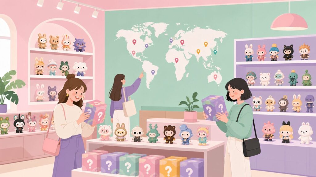 ポップマートの世界展開をイメージしたフラットイラスト