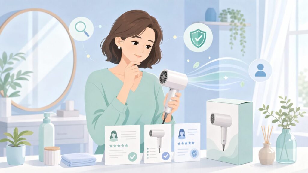 BGBドライヤーの評判を確認する女性のイラスト