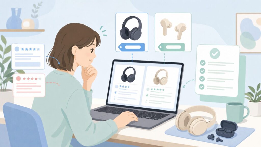 Bautyleeの評判を慎重に確認する購入者のイラスト